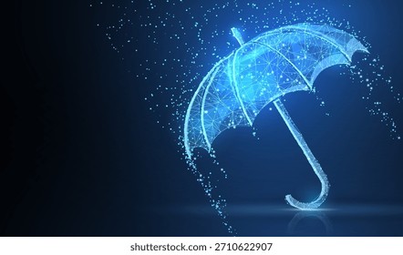 Vector umbrella rain protection. Abstract wire low poy umbrella cover in rain illustration on dark blue background with water fall drops. Meteorology, safety, autumn season concept