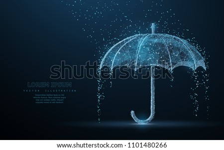 Vector umbrella rain protection. Abstract wire low poy umbrella cover in rain illustration on dark blue background with water fall drops. Meteorology, safety, autumn season concept