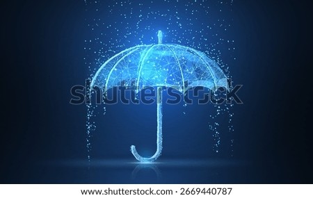 Vector umbrella rain protection. Abstract wire low poy umbrella cover in rain illustration on dark blue background with water fall drops. Meteorology, safety, autumn season concept