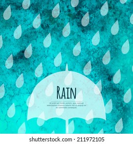 Vector umbrella and rain square composition with text block. Watercolor blue autumn  theme background. Design template for label, flyer, banner, card.