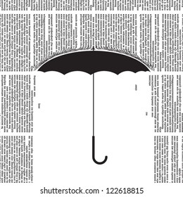 Vector umbrella silhouette with a rain of newspaper columns. All text in newspaper page unreadable.