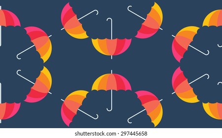 Vector umbrellas. Abstract seamless colorful banner. Vector illustration. Autumn background. Rainbow color umbrellas on blue background. Autumn season design concept.