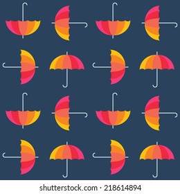 Vector umbrellas. Abstract seamless pattern design. Colorful banner. Vector illustration.  Autumn background. Rainbow color umbrellas on blue background. Autumn season design concept.