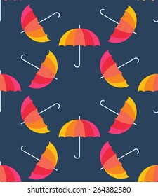 Vector umbrellas. Abstract seamless pattern design. Colorful banner. Vector illustration. Autumn background. Rainbow color umbrellas on blue background. Autumn season design concept.