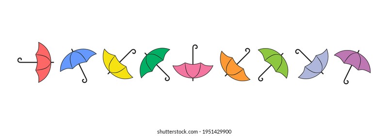 Сolorful vector umbrellas on one line, horizontal border of multicolored elements. Сan be repeated.