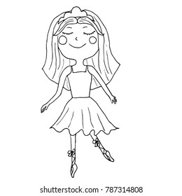 Vector uncoloed ballet girl in cute dress and shoes.