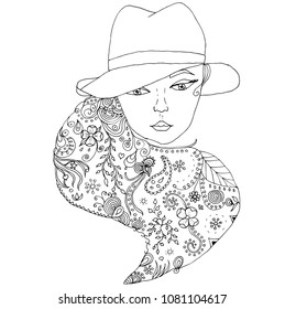 Vector uncolored girl portrait. Cute girl wearing hat with doodle hairs.