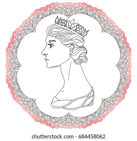 Vector uncolored queen with crown and beautiful hairstyle.