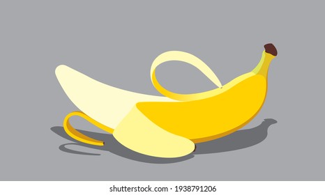 Vector uncovered peeled ripe yellow banana. With peel. Fruit drawn in flat design style, isolated on gray background, casts a shadow