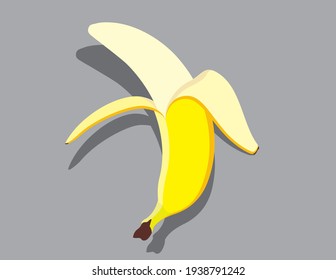 Vector uncovered peeled ripe yellow banana. With peel. Fruit drawn in flat design style, isolated on gray background, casts a shadow