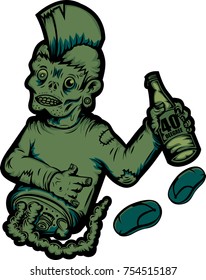 Vector Undead drunk and bottle with isolated white background .