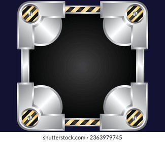 vector, an under construction symbol, a square shape, a silver metallic box and the corners are rounded with black and yellow lines and there is a black empty space in the middle.