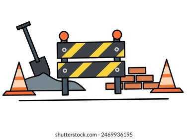 vector under construction. There are two cone signs, a pile of red bricks, a shovel and a roadblock. relevant regarding construction, safety at work sites, and areas under construction