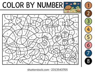 Vector under the sea color by number activity with turtle and baby. Ocean life scene. Black and white counting game with water animal. Coloring page for kids with underwater landscape
