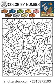 Vector under the sea color by number activity with wrecked ship and fish. Ocean life scene. Black and white counting game with ruined boat. Coloring page for kids with underwater landscape
