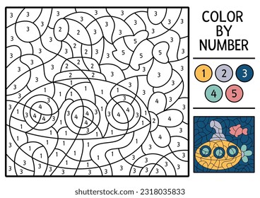 Vector under the sea color by number activity with submarine and fish. Ocean life scene. Black and white counting game with boat. Coloring page for kids with underwater landscape
