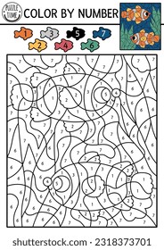 Vector under the sea color by number activity with clownfish and seaweeds. Ocean life scene. Black and white counting game with water animal. Coloring page for kids with underwater landscape
