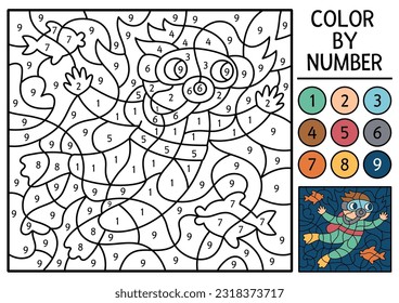 Vector under the sea color by number activity with scuba diver and fish. Ocean life scene. Black and white counting game with swimming boy. Coloring page for kids with underwater landscape
