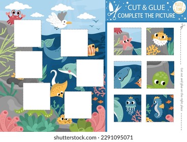 Vector under the sea cut and glue activity. Crafting game with cute water landscape, seagull. Fun ocean life printable worksheet for kids. Find the right piece of the puzzle. Complete the picture
