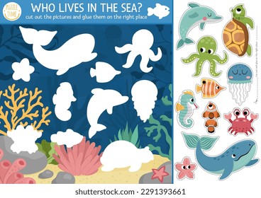 Vector under the sea cut and glue activity. Crafting game with cute water landscape, whale, dolphin. Fun ocean life printable worksheet for kids. Find the right piece of the puzzle. Complete picture