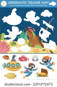 Vector under the sea cut and glue activity. Crafting game with cute water landscape, whale, dolphin. Underwater treasure hunt printable worksheet for kids. Find the right piece of the puzzle
