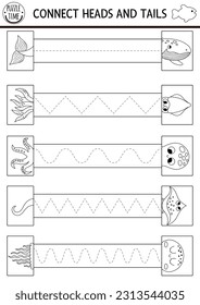 Vector under the sea handwriting practice worksheet. Ocean life printable black and white activity for preschool children. Tracing game for writing skills. Connect heads and tails coloring page
