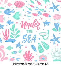 Vector under the sea illustration. Set of hand drawn elements fishes,starfish, coral, mask and fins, seaweed.  Underwater world illustration. Sea life. All objects separate.