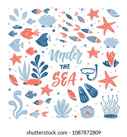 Vector under the sea illustration. Set of hand drawn elements fishes,starfish, coral, mask and fins, seaweed.  Underwater world illustration. Sea life. All objects separate.