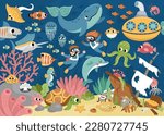 Vector under the sea landscape illustration. Ocean life scene with animals, dolphin, whale, submarine, divers, wrecked ship. Cute horizontal water nature background. Aquatic picture for kids
