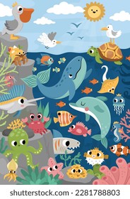 Vector bajo el paisaje marino ilustración con pendiente rocosa. Escena de la vida oceánica con animales, delfines, ballenas, tiburones, gaviota, pelícano, sol. Fondo natural vertical de agua para niños
