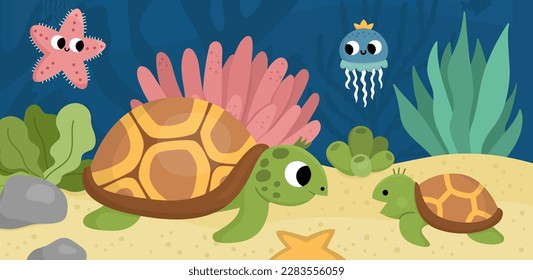 Vector under the sea landscape illustration with tortoise and baby. Ocean life scene with sand, seaweeds, corals, reefs. Cute horizontal water nature background. Aquatic picture for kids

