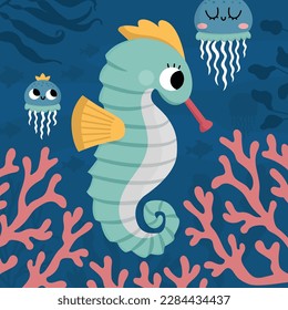 Vector under the sea landscape illustration with seahorse and corals. Ocean life scene with sand, seaweeds, reefs. Cute square water nature background. Aquatic picture for kids
