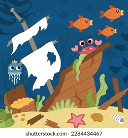 Vector under the sea landscape illustration with wrecked ship and treasure chest. Ocean life scene with sand, seaweeds, corals, reefs. Cute square water nature background. Shipwreck picture for kids
