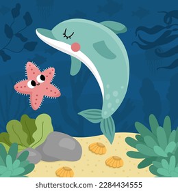 Vector under the sea landscape illustration with dolphin and starfish. Ocean life scene with sand, seaweeds, corals, reefs. Cute square water nature background. Aquatic picture for kids
