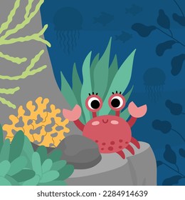 Vector under the sea landscape illustration with red crab on rock. Ocean life scene with reef, seaweeds, stones, corals, fish. Cute square water nature background. Aquatic picture for kids
