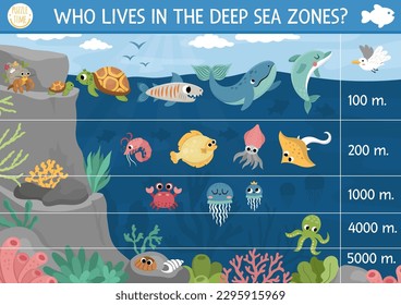 Vector bajo la ilustración del paisaje marino. Afiche de la escena de la vida marina con animales, delfines, ballenas, medusas, cangrejo, tortuga. Fondo educativo de la naturaleza del agua. ¿Quién vive en la zona de aguas profundas?
