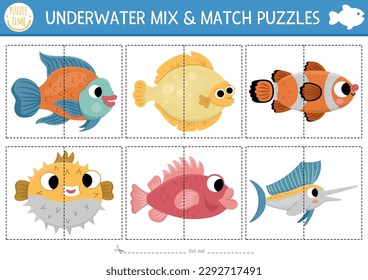 Vector bajo el mar mezcla y encaja el rompecabezas con peces lindos. Coincidiendo con la actividad de la vida en el océano para los niños en edad preescolar. Juego educativo imprimible con mero, flounder, pez globo, pez payaso, pez vela