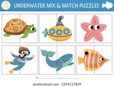Vector under the sea mix and match puzzle with cute characters. Matching ocean life activity for preschool kids. Educational printable game with turtle, submarine, diver, starfish