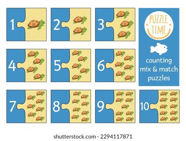 Vector under the sea mix and match puzzle with cute baby turtles. Ocean life matching math activity for children. Educational printable counting match up game for kids with funny water animal
