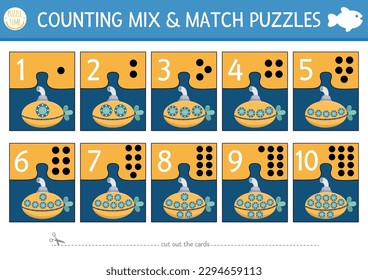 Vector under the sea mix and match puzzle with cute submarine. Ocean life matching math activity for children. Educational printable counting match up game for kids with funny underwater vessel
