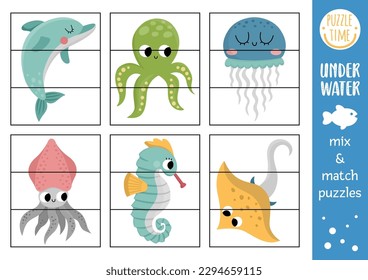 Vector bajo el mar mezclar y emparejar el rompecabezas con personajes lindos. Coincidiendo con la actividad de la vida en el océano para los niños en edad preescolar. Juego educativo imprimible con delfín, pulpo, medusa, caballito de mar
