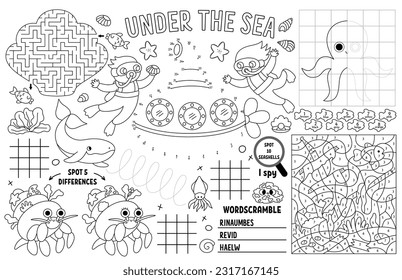 Vector bajo la placeta marina para los niños. Grapado de actividad de la vida oceánica imprimible con laberinto, gráficos de dedos de tac tic, conectar los puntos, encontrar la diferencia. Página de coloración o de esteras de juego en blanco y negro bajo el agua
