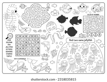 Vector under the sea placemat. Ocean life line printable activity mat with maze, word search puzzle, shadow match, find difference. Underwater black and white play mat, menu, coloring page

