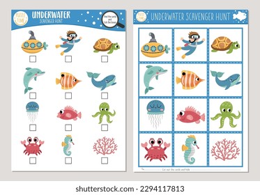 Vector under the sea scavenger hunt cards set. Seek and find game with cute submarine, diver, dolphin, whale for kids. Ocean life searching activity. Simple educational printable worksheet
