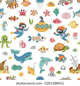 Vector under the sea seamless pattern. Repeat background with cute fish, seaweeds, divers, submarine. Ocean life digital paper. Funny water animals and weeds illustration with dolphin, whale
