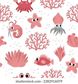 Vector under the sea seamless pattern. Repeat background with crab, starfish, squid, corals. Ocean life digital paper. Funny water animals and weeds illustration in pink color with cute fish
