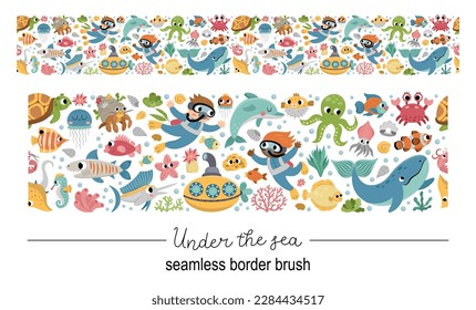 Vector under the sea seamless pattern border brush. Horizontal repeat background with cute fish, seaweeds, divers. Ocean life digital paper. Funny water animals and weeds texture
