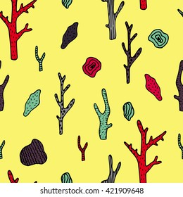 Vector under sea seamless pattern with hand drawn coral and stones. 
