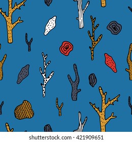 Vector under sea seamless pattern with hand drawn coral and stones. 