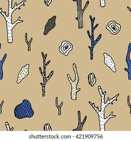 Vector under sea seamless pattern with hand drawn coral and stones. 